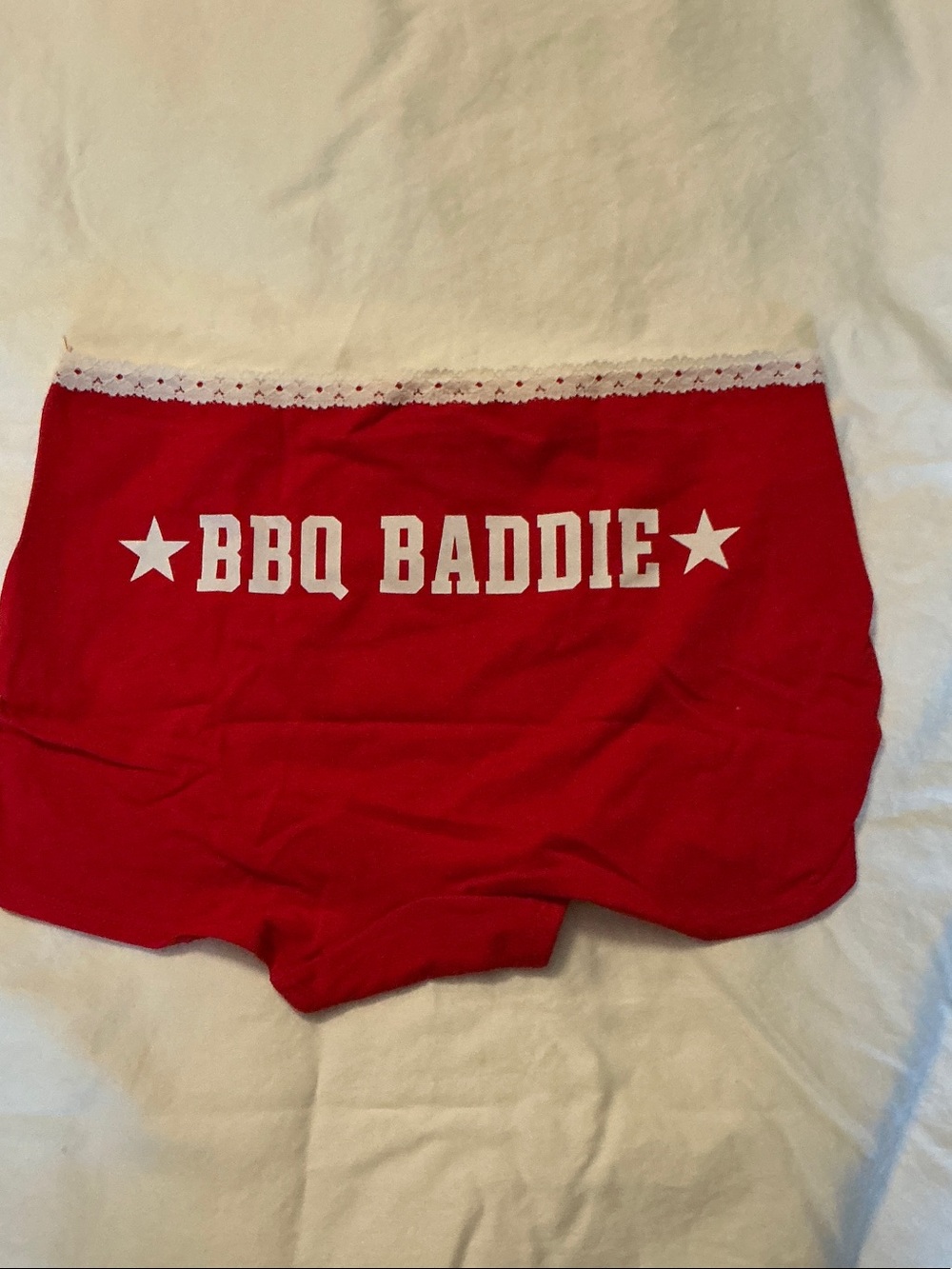 PINK Victoria's Secret Red 'BBQ BADDIE' Lace-Trim Boyshorts